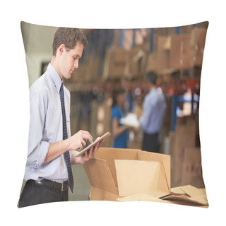 Personality  Manager In Warehouse Checking Boxes Using Digital Tablet Pillow Covers
