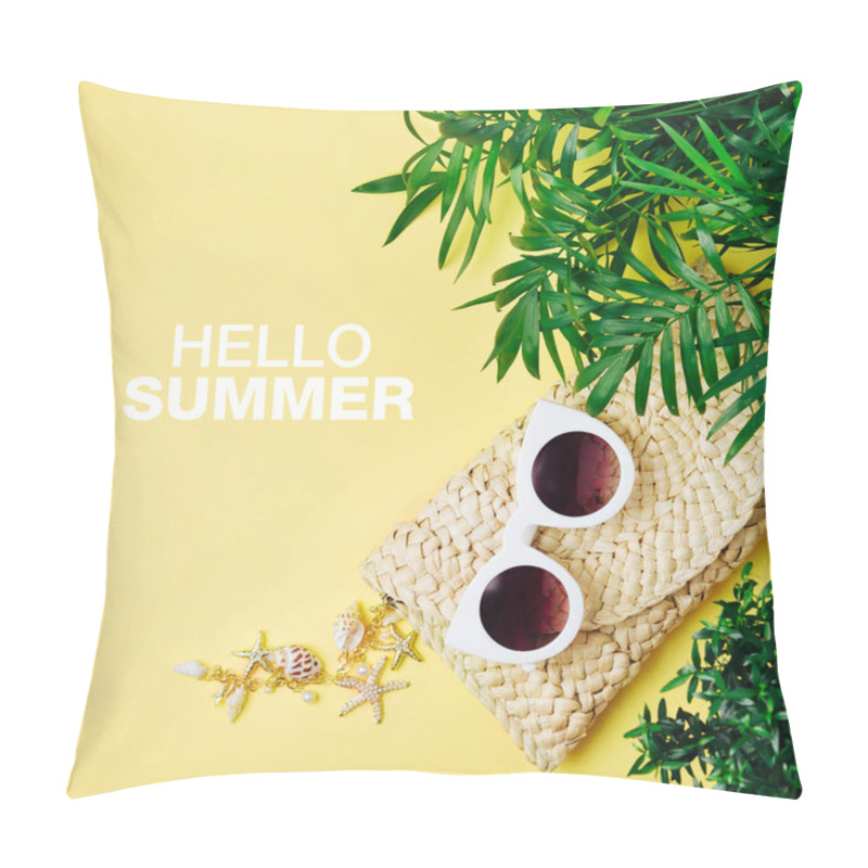 Personality  Tropical leaves and Beach bag with sunglasses  on  yellow  background. Top view, flat lay. pillow covers