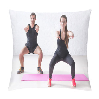 Personality  Fitness Man And Woman Exercising Squat Exercise Hands Behind Head Looking At Camera Concept Sport, Training, Warming Up Lifestyle Pillow Covers