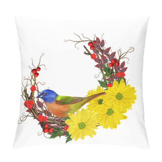 Personality  Weaving From Twigs. Autumn Background. Bright Blue Bird, Pink Chrysanthemum Flowers, Autumn Leaves And Berries. Isolated. Pillow Covers