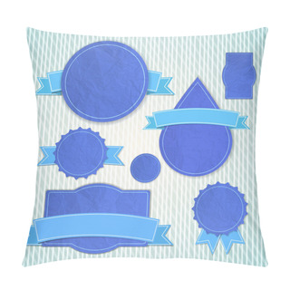 Personality  Blue Textured Vintage Emblems Of Different Shapes With Bent Empty Ribbon Tapes Over Pillow Covers