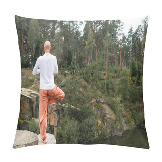 Personality  Back View Of Buddhist In White Sweatshirt Meditating In One Legged Tree Pose On Rock Over Lake Pillow Covers