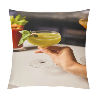 Personality  Selective Focus Of Woman Touching Margarita Glass With Cocktail Pillow Covers