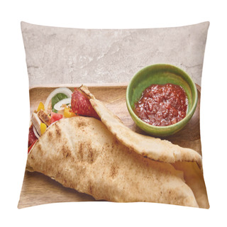 Personality  Fresh Burrito With Chicken And Vegetables On Board Near Chili Sauce On Concrete Grey Background Pillow Covers