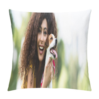 Personality  Panoramic Shot Of Curly Woman Looking At Camera And Laughing While Holding Jack Russell Terrier Dog Pillow Covers