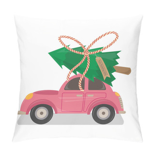 Personality  The Car With Christmas Tree On Top Vector Illustration. Car With Christmas Tree And Greeting Tag Vector Cartoon. Christmas Car Toys Isolated On White Background.  Pillow Covers
