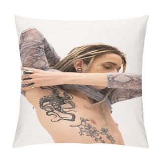 Personality  Young Tattooed Nonbinary Person Posing In Crop Top Isolated On White  Pillow Covers