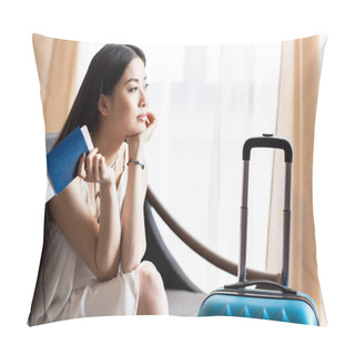 Personality  Asian Woman Traveler Sitting With Suitcase Pillow Covers