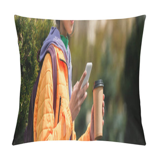 Personality  Cropped View Of African American Woman Using Smartphone And Holding Paper Cup Outdoors, Banner  Pillow Covers