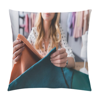 Personality  Partial View Of Showroom Owner Comparing Samples Of Cloth On Blurred Background Pillow Covers