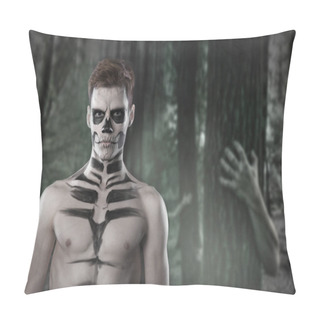 Personality  Dia De Los Muerto Costume - Day Of The Dead Is A Mexican Holiday. Here Is A Man With Skull Face And Against The Backdrop Of The Terrible Forest And The Dead Pillow Covers