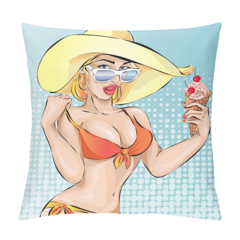 Personality  Pin-up sexy bikini woman with ice cream on a beach, hand drawn vector pillow covers