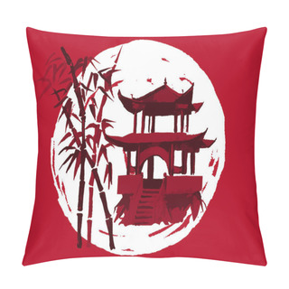 Personality  Japan Traditional Sumi-e Painting. Fuji Mountain, Sakura, Sunset. Japan Sun. Indian Ink Illustration. Japanese Picture. Vector Drawing. Pillow Covers