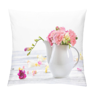 Personality  Beautiful Spring Flowers In Teapot Isolated On White Pillow Covers
