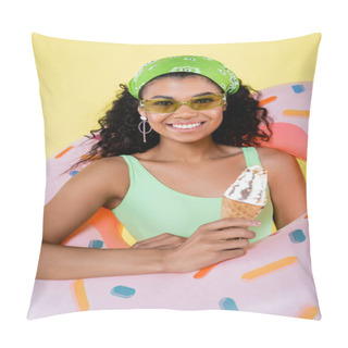 Personality  Joyful African American Young Woman Standing With Inflatable Ring And Ice Cream Cone Isolated On Yellow Pillow Covers
