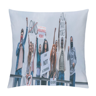 Personality  Panoramic Shot Of Man With Scarf On Face Screaming In Megaphone Near Multicultural People With Lettering On Placards  Pillow Covers