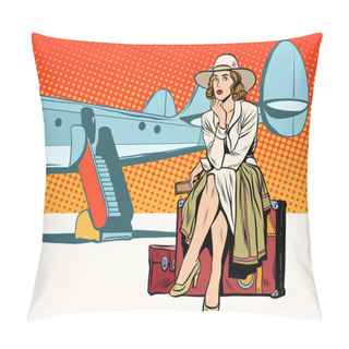 Personality  Tourist Girl Sitting On A Suitcase, Travelling By Plane Pillow Covers
