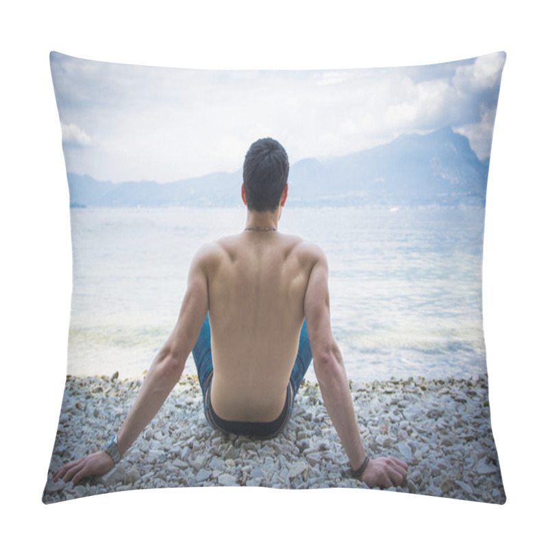 Personality  Muscular Shirtless Young Man On Lake In A Sunny, Peaceful Pillow Covers