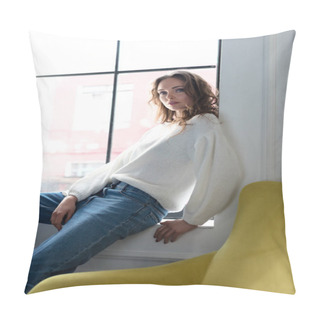 Personality  Beautiful Brunette Girl In White Sweater And Jeans Sitting In Windowsill And Looking At Camera Pillow Covers