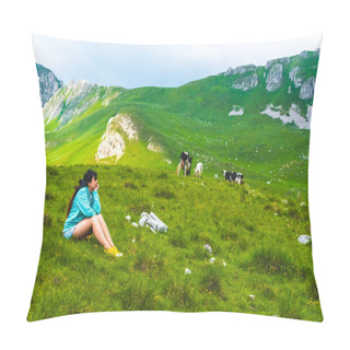 Personality  Beautiful Woman Sitting Near Cows Grazing On Green Valley In Durmitor Massif, Montenegro Pillow Covers