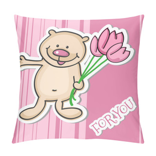 Personality  Cute Little Teddy Bear With A Bouquet Of Flowers, Vector Illustration Pillow Covers