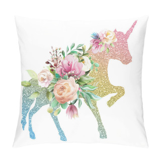 Personality  Beautiful Colorful Unicorn Silhouette In Rainbow Colors With Shiny Golden Glitter And Watercolor Floral Bouquet Pillow Covers