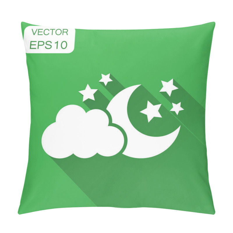 Personality  Moon and stars with clods vector icon in flat style. Nighttime illustration with long shadow. Cloud, moon business concept. pillow covers