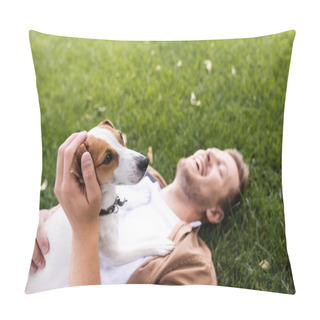 Personality  Selective Focus Of Man Lying With Jack Russell Terrier Dog On Green Grass With Closed Eyes Pillow Covers