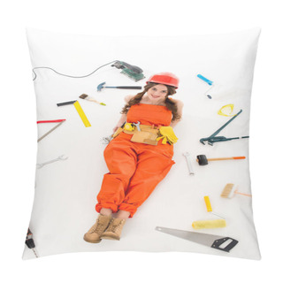 Personality  Overhead View Of Girl In Overalls And Hardhat Lying On Floor With Different Equipment And Tools, Isolated On White Pillow Covers