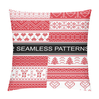 Personality  Scandinavian Style Vector Patterns  Inspired By Norwegian Christmas, Festive Winter Seamless Pattern In Cross Stitch With Heart, Snowflake, Christmas Tree, Snow, Decorative Ornaments In Red, White  Pillow Covers