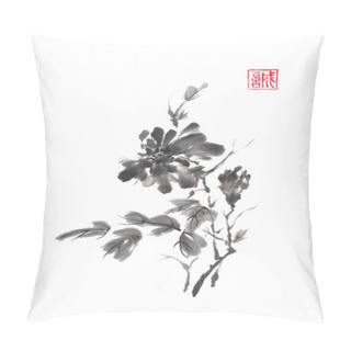 Personality  Japanese Style Original Sumi-e Chrysanthemum Branch Ink Painting. Pillow Covers