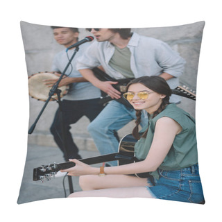 Personality  Multiracial Young People With Guitars And Djembe Performing On Street Pillow Covers