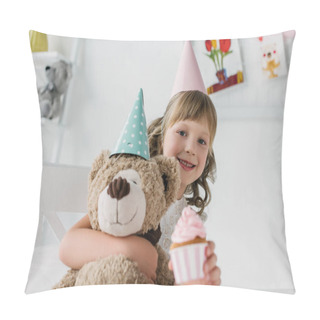Personality  Smiling Birthday Kid Holding Teddy Bear And Giving Cupcake  Pillow Covers