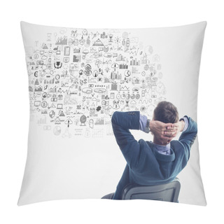Personality  Young Businessman Sitting Thinking Dreaming About Success Profit Development Under Thought Bubble Cloud Business Finance Elements Pillow Covers