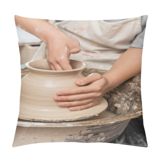 Personality  Cropped View Of Young Female Artisan In Apron Making Shape Of Clay Vase And Working With Spinning Pottery Wheel On Table In Ceramic Workshop, Pottery Creation Process Pillow Covers