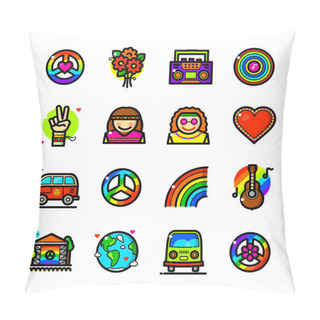 Personality  Thin Line Art Hippie Icons Set On White Background Pillow Covers
