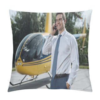 Personality  Handsome Young Executive Making Phone Call At Helipad Pillow Covers