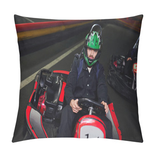 Personality  Focused Man In Sportswear And Helmet Driving Sport Car For Karting Near Friend On Indoor Circuit Pillow Covers