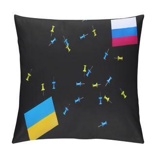 Personality  Top View Of Ukrainian And Russian Flags Near Push Pins Isolated On Black  Pillow Covers