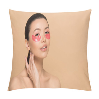 Personality  Beautiful Tender Nude Asian Woman With Pink Collagen Eye Pads Isolated On Beige Pillow Covers