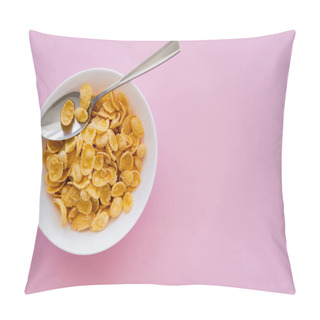 Personality  Top View Of Bowl With Corn Flakes And Spoon On Pink Background  Pillow Covers