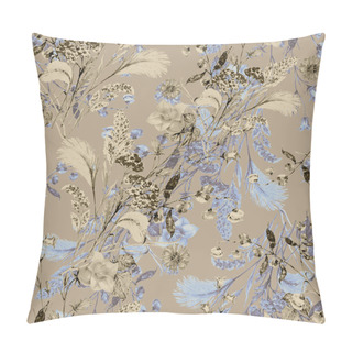 Personality  Bouquet Field Flowers Of Watercolor. Seamless  Monochrome Pattern. Ochre Background. Pillow Covers