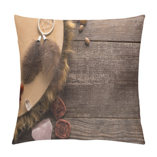 Personality  Top View Of Shamanic Tambourine, Dreamcatcher And Magic Crystals On Wooden Background Pillow Covers