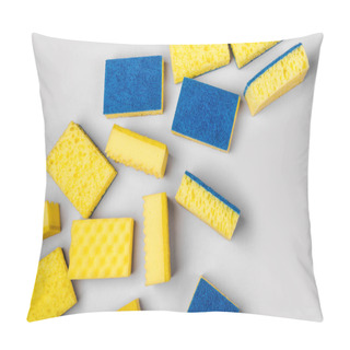 Personality  Sponges On Gray Background. Cleaning Or Housekeeping Concept Background. Copy Space. Flat Lay, Top View. Pillow Covers