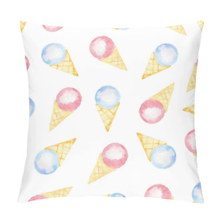 Personality  Watercolor Seamless Pattern With Blue And Pink Ice Cream In A Waffle Cone On A White Background Pillow Covers
