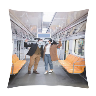 Personality  Interracial Couple In Medical Masks And Wireless Headphones In Subway Pillow Covers