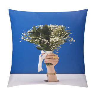 Personality  Cropped View Of Woman With Bracelet And Rings Holding Bouquet Of Spring Flowers Isolated On Blue Pillow Covers