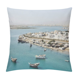 Personality  Bay With Traditional Wooden Dhow Ships. Coastline Of Old City Sur In Sultanate Of Oman. Pillow Covers