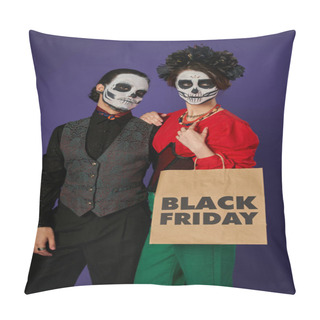 Personality  Woman In Scary Skull Makeup And Black Wreath Holding Black Friday Shopping Bag Near Man On Blue Pillow Covers