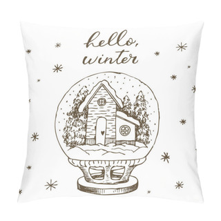 Personality  Winter Snow Globe With House And Snow Inside. Cute Hand Drawn Vector Black And White Hand Drawn Line Pillow Covers